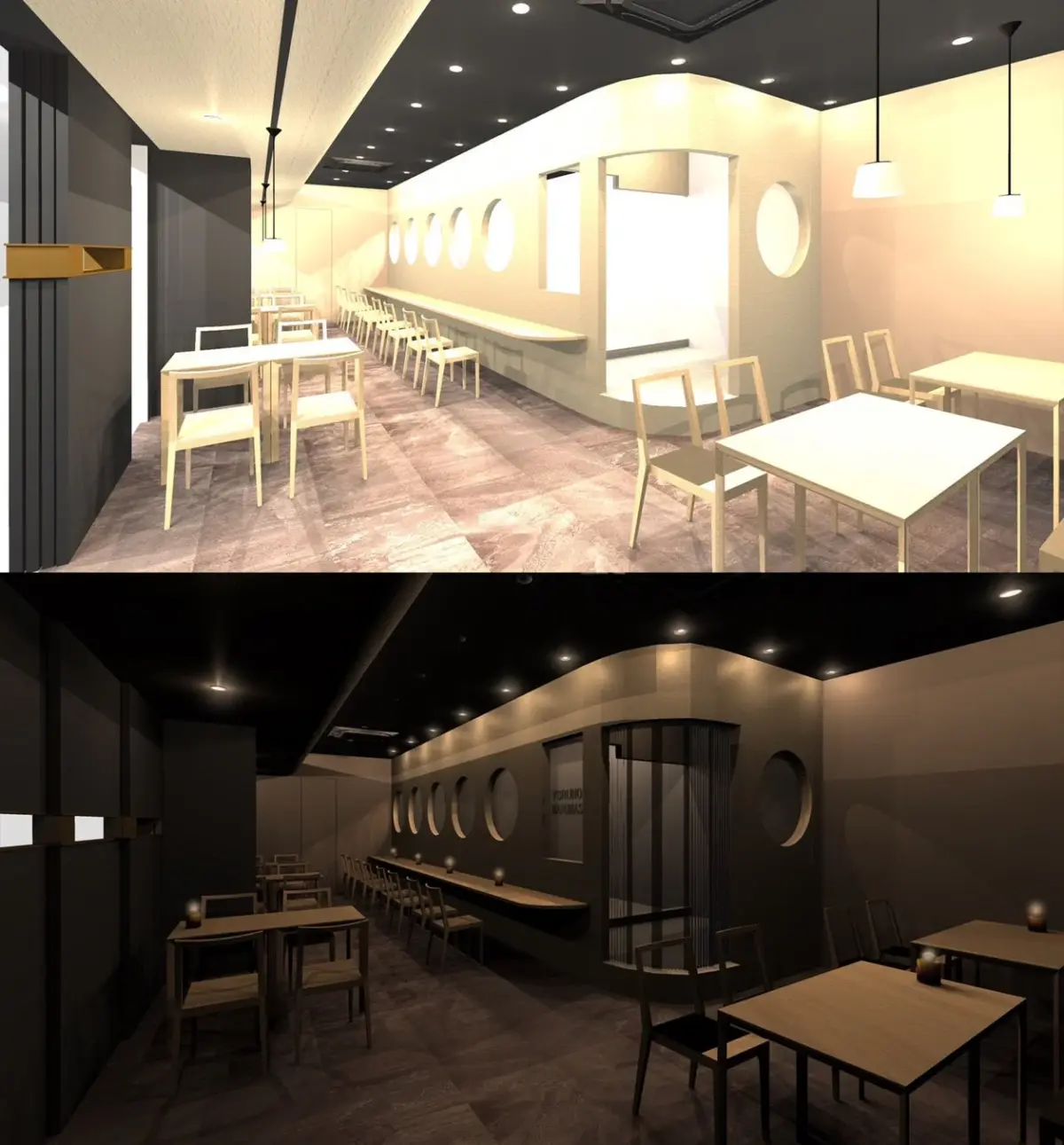 店内空間の昼夜対比