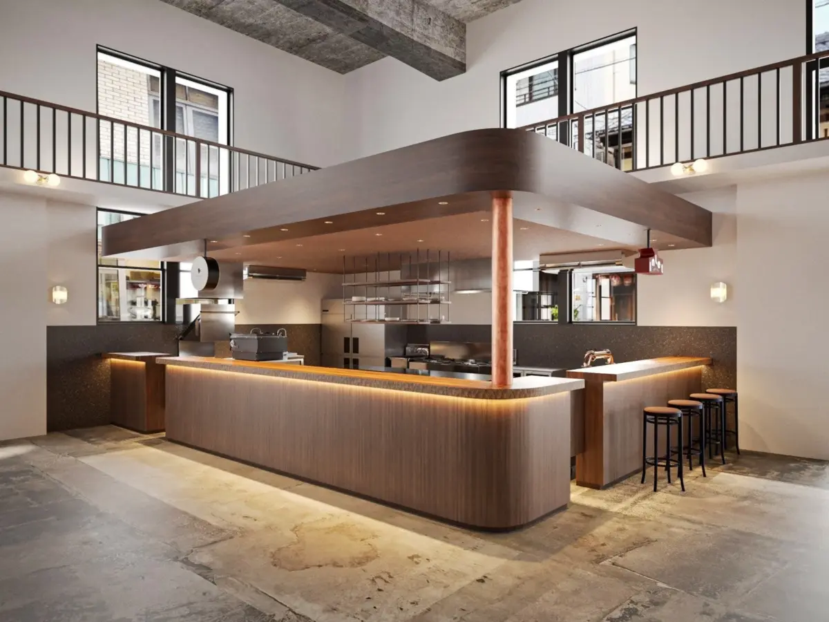 モダンで洗練された木製カウンターのカフェ/バー