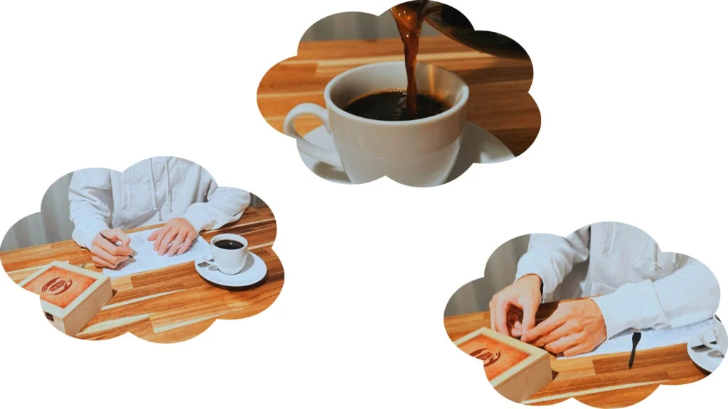 コーヒーを飲みながら謎解きを楽しむ様子