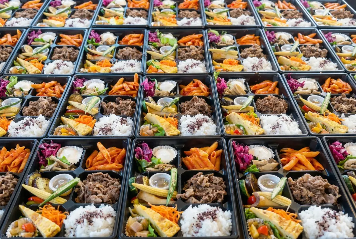 大量に並べられたお弁当