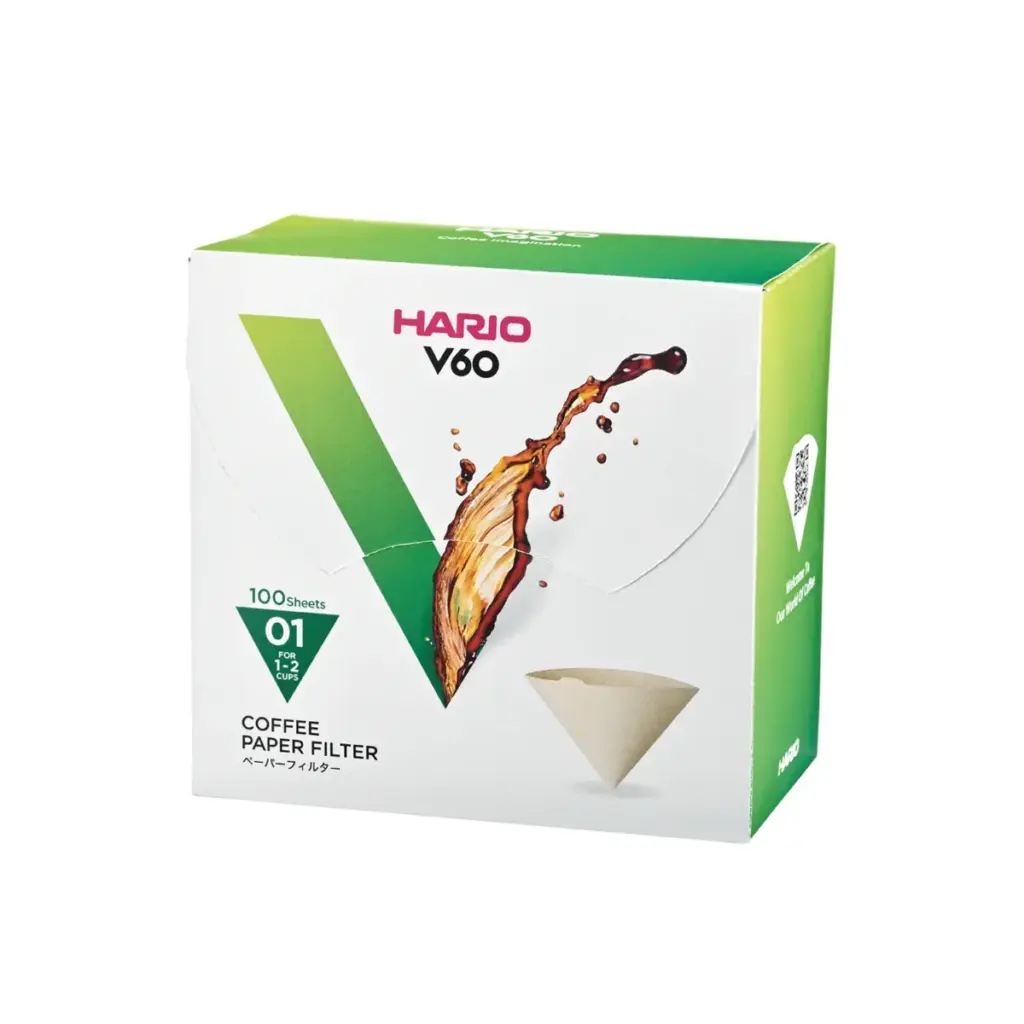 Box of HARO V60 coffee paper filters 100 sheets for 12 cups with green V shaped graphic and splash image