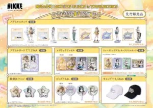 05be8bdac4568ef27cf28ecc58cd4e0f | コーヒーステーション Colorful promo page for NIKKE POP UP SHOP GOODS LINE UP showing a row of acrylic stand figures at the top plus various merchandise sections below acrylic boards metal files trading card sized acrylics star badges character fans and caps with prices in yen