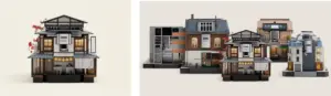 Two panel image showing a traditional two story Japanese style miniature house on the left and a row of diverse miniature buildings on the right