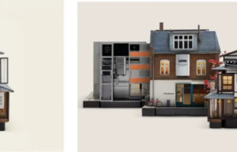 Two miniature architectural dioramas a single traditional house on the left and a row of connected buildings on the right