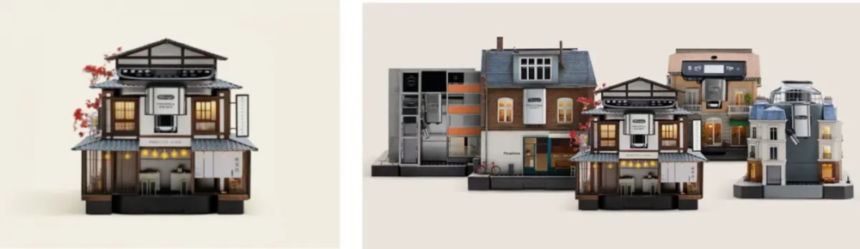 Two miniature architectural dioramas a single traditional house on the left and a row of connected buildings on the right