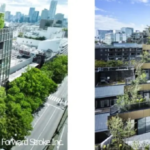 Modern glass office tower with a slanted façade and a green rooftop in a dense urban area cityscape in the background on the left panel