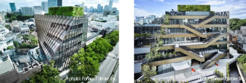 Modern glass office tower with a slanted façade and a green rooftop in a dense urban area cityscape in the background on the left panel