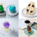 Blue gelatin dessert in a glass on a pale plate as part of a dessert collage