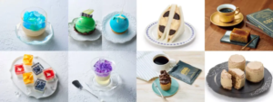 Blue gelatin dessert in a glass on a pale plate as part of a dessert collage
