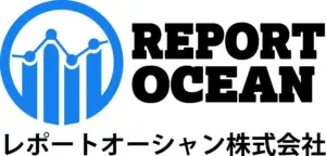 Report Ocean logo blue circular icon with a rising bar chart and connected dots beside bold REPORT OCEAN text and Japanese company name beneath