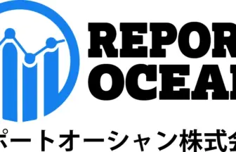 Report Ocean logo blue circular icon with a rising bar chart and connected dots beside bold REPORT OCEAN text and Japanese company name beneath