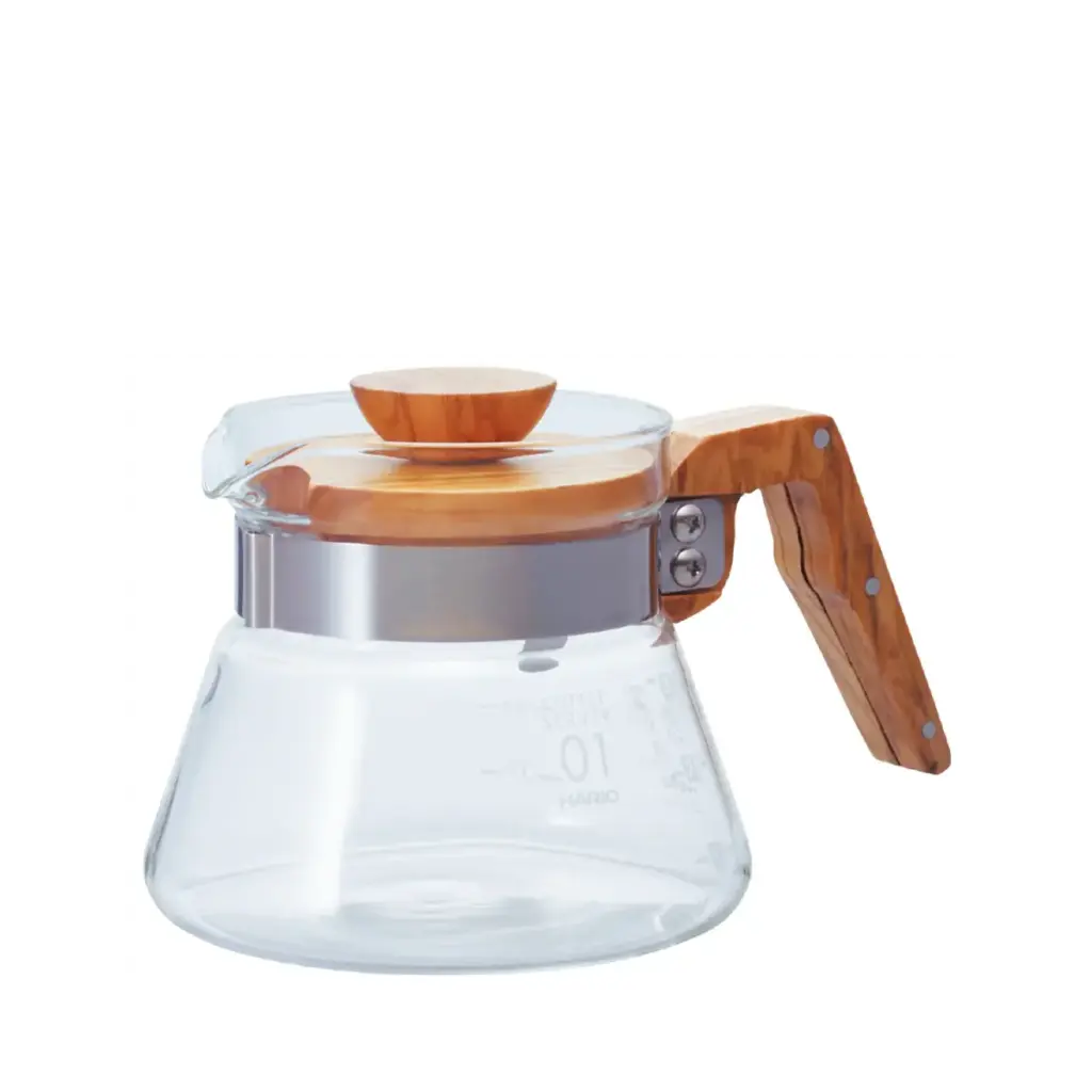 Glass coffee carafe with a wooden lid and handle used for brewing or serving coffee