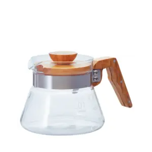 Glass coffee carafe with a wooden lid and handle used for brewing or serving coffee