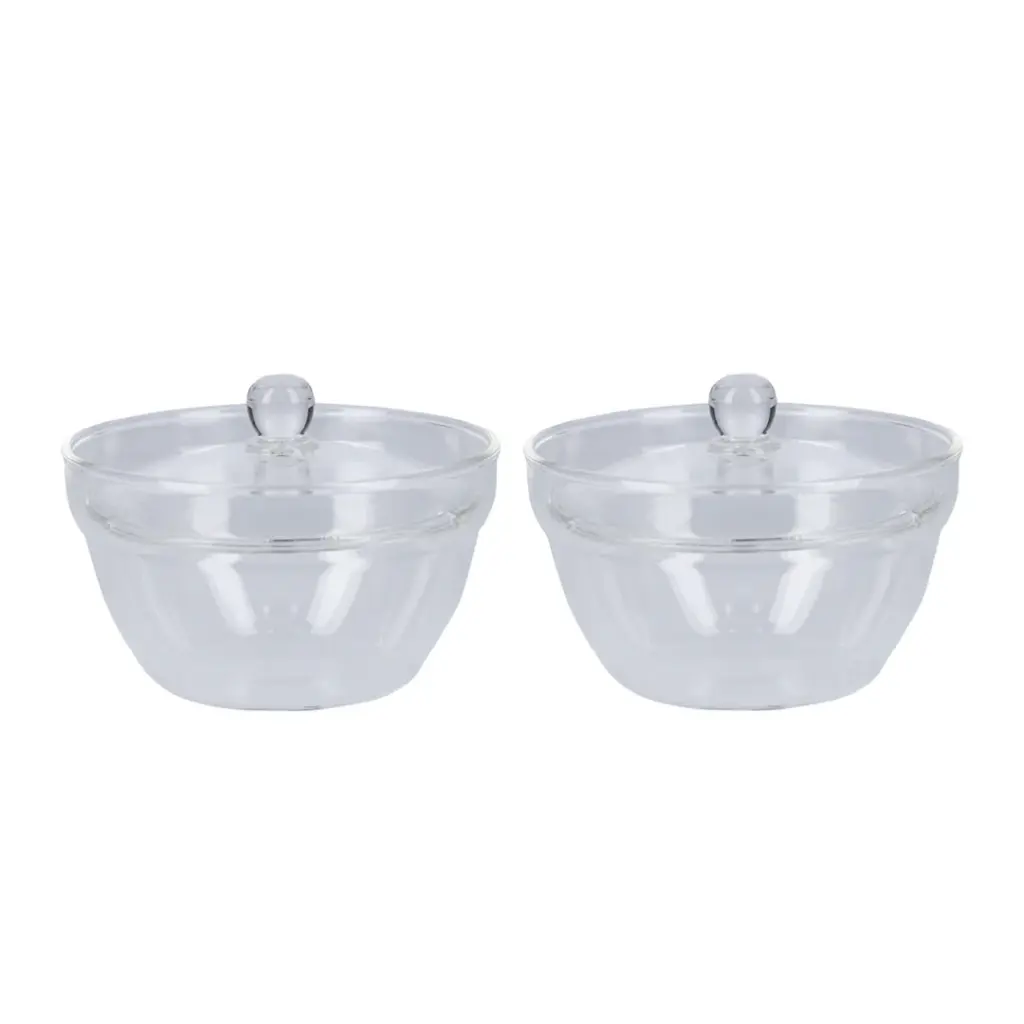 Two clear glass bowls with matching glass lids side by side kitchen storageserving bowls