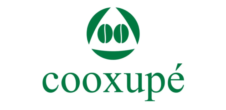 Cooxupé logo green circular emblem with stylized coffee beans above a curved line and the word cooxupé in green