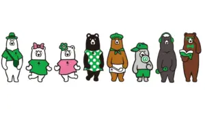 226cdc4d8b27678d9e284ecfc275379b | コーヒーステーション Line of nine cartoon bears wearing colorful outfits standing in a row facing forward