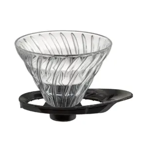 Clear glass conical pour over coffee dripper with spiral ridges resting on a black stand