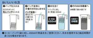 2f47237d00374037c781820f84e089fe | コーヒーステーション Four step guide to bag coffee 1 place the bag in a wide mouth pot 2 dampen with a little water 3 add 450 ml of room temperature water 4 refrigerate for 8 hours