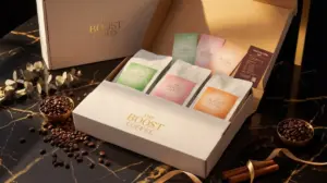 Open gift box of The Boost Coffee with assorted single serve sachets in pastel colors on a marble surface loose beans and cinnamon sticks nearby