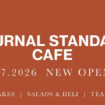 Promotional banner for Journal Standard Cafe announcing a new opening in 072026 with pancakes salads  deli tea  coffee