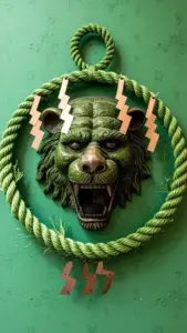 Green gorilla head sculpture framed by a circular rope design with zigzag lightning bolt shapes on a green wall