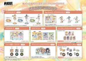 Colorful catalog page for NIKKE x Tower Records Cafe merch showing acrylic stands frame designs clear files badges and keychains with prices in yen