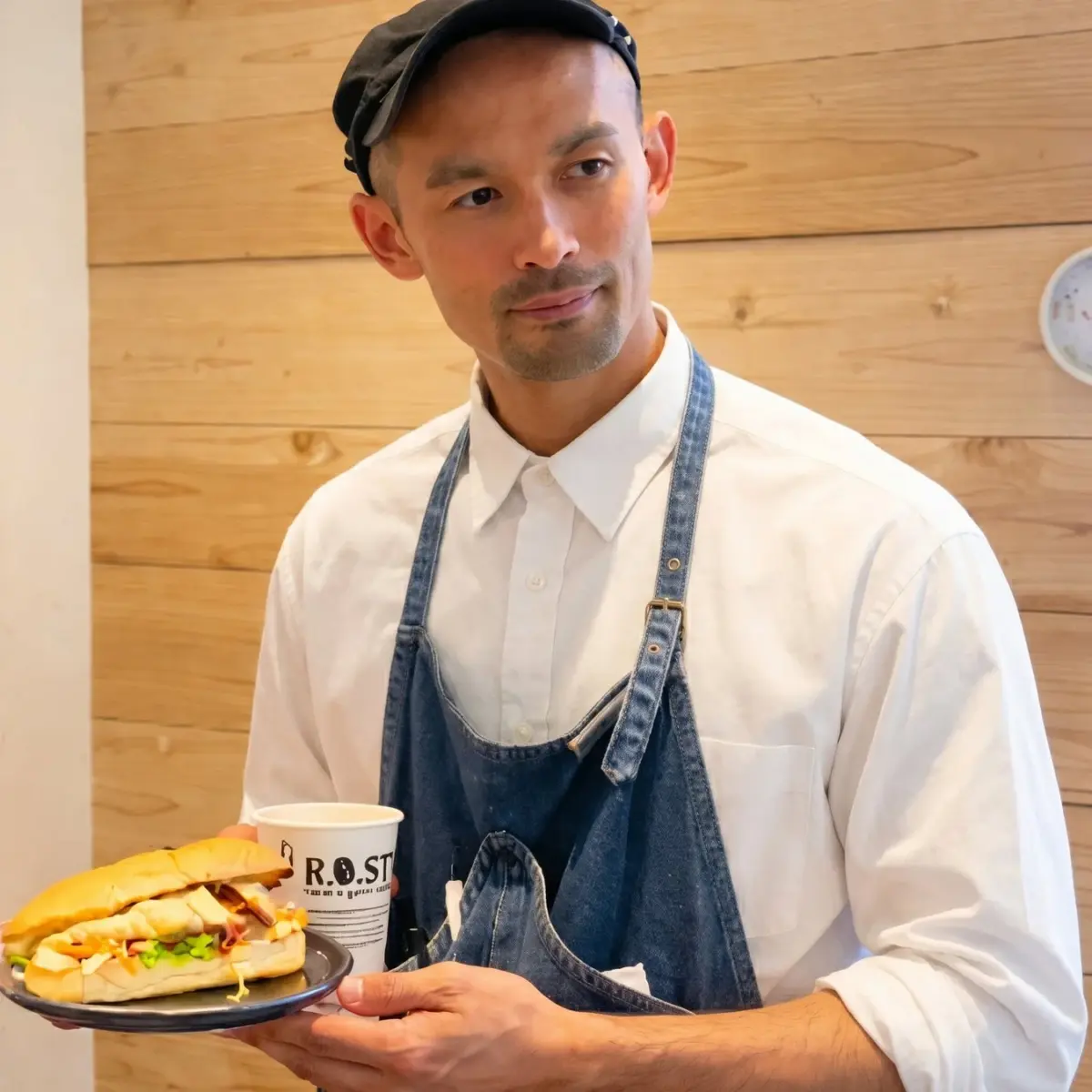 カフェの店員らしき男性が、サンドイッチと飲み物の入ったカップを両手に持ち、優しい表情で横を向いています。白いシャツとデニムのエプロン、キャップを着用しており、背景は木目の壁です。