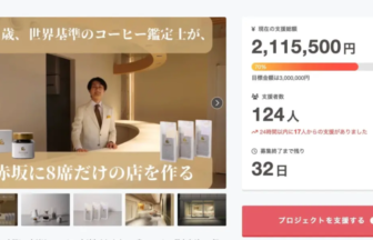 白いスーツの男性がカウンターに立つ店内と商品が並ぶ広告風の画像下部に赤坂に8席だけの店を作ると表示途中の左右矢印はギャラリー示唆