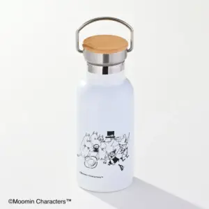 White metal water bottle with a round wood lid and a curved metal handle decorated near the base with a black and white Moomin Characters illustration