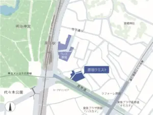 Map of the Harajuku area showing Meiji Shrine to the west Yoyogi Park nearby and the Harajuku Quest building highlighted in blue