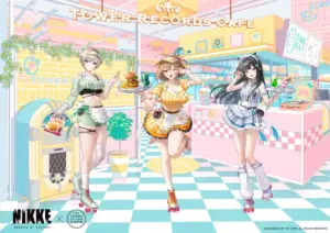 Three anime style girls in colorful outfits roller skating inside a bright pastel cafe one holds a burger another a drink with a Tower Records Cafe sign in the background