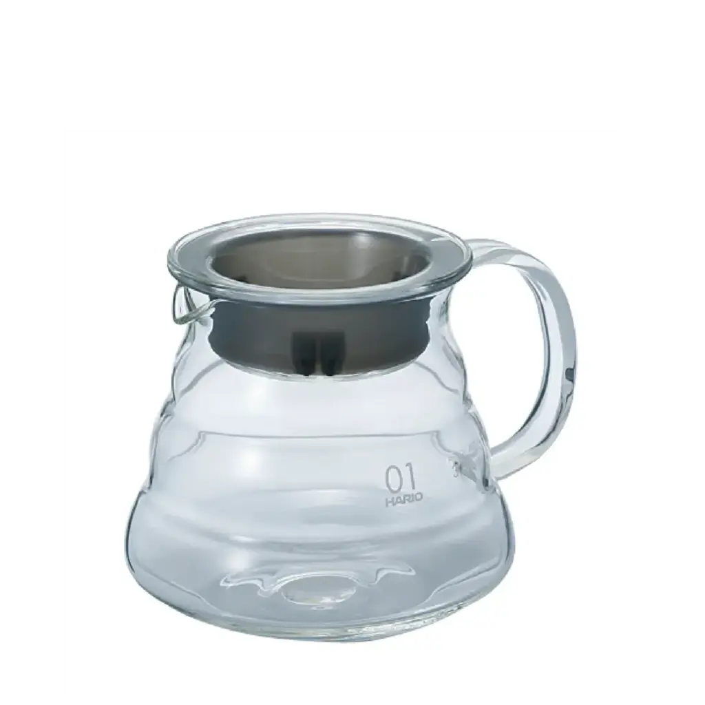 Clear glass coffee carafe with a metal filter insert and a curved handle labeled HARIO 01