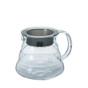Clear glass coffee carafe with a metal filter insert and a curved handle labeled HARIO 01