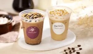 7b7023f5c3e8e00c7622f0dd831ab6d3 | コーヒーステーション Two iced coffee drinks with whipped cream on a white plate left with chocolate drizzle right with nuts and a cream topping
