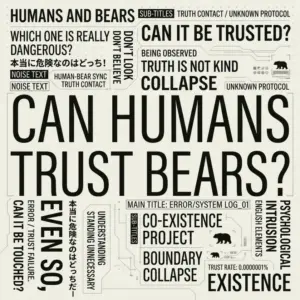 Typographic poster asking Can Humans Trust Bears with surrounding phrases about trust danger and existence in bold letters
