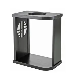 DSESB | コーヒーステーション Black wooden end table with a round cutout on the top and a decorative circular lattice panel on the side featuring an open lower shelf