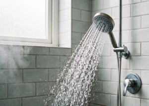 IMG004 | コーヒーステーション Showerhead spraying water in a tiled bathroom wall
