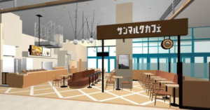 Indoor cafefood court with brown cushioned seating wooden tables and a central pillar topped by a sign with foreign characters