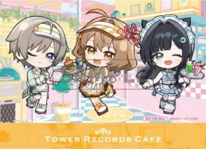 Three chibi girls in cafe outfits levitating with trays of colorful drinks inside Tower Records Cafe