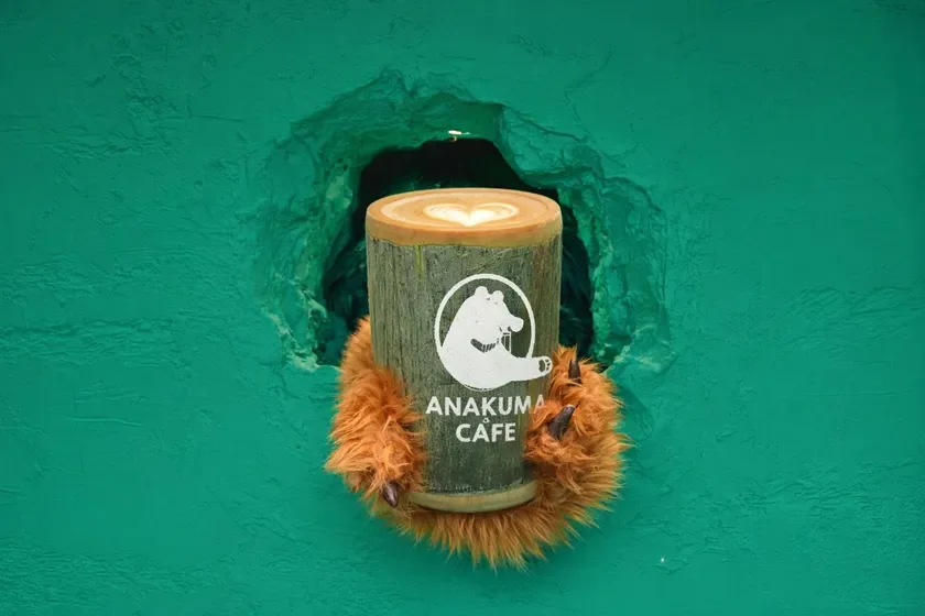 クマの手がコーヒーカップを差し出す様子