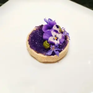 bea38332e90c0cf908809cf423485cd7 | コーヒーステーション Mini tart with purple jam and edible violet flowers on a sesame crust