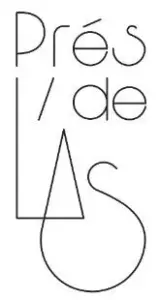 Logo with thin geometric text reading Près de Las featuring a triangle and circular motif forming the letters