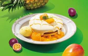 Dessert plate featuring a frosted cake with mango pieces mint and caramel drizzle on a white plate against a bright green background with tropical fruits nearby