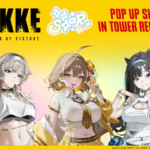 Promotional poster for NIKKE Goddess of Victory showing three anime style characters with a yellow to pastel gradient and Pop Up Shop in Tower Records headline