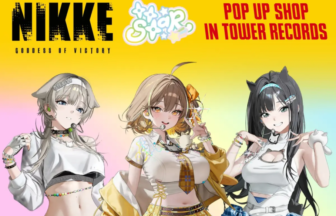 Promotional poster for NIKKE Goddess of Victory showing three anime style characters with a yellow to pastel gradient and Pop Up Shop in Tower Records headline