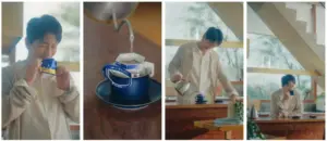 Four panel collage of a man in a light cardigan at a sunlit cafe opening a tea bag pouring hot water into a blue cup pouring from a kettle at a wooden counter then sipping the tea