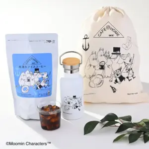 Moomin themed CafeHome iced coffee set with a blue package white bottle glass of iced coffee and a tote bag featuring Moomin characters