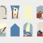 Nine panel abstract art grid in soft blues yellows and beiges with a decorative composition Asumise logo bottom right