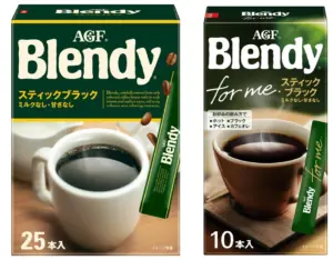 Two boxes of AGF Blendy coffee sticks left 25 sticks right 10 sticks with cups of black coffee on the front