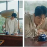 Blue coffee mug on a saucer with a pouring setup and coffee dripping into it